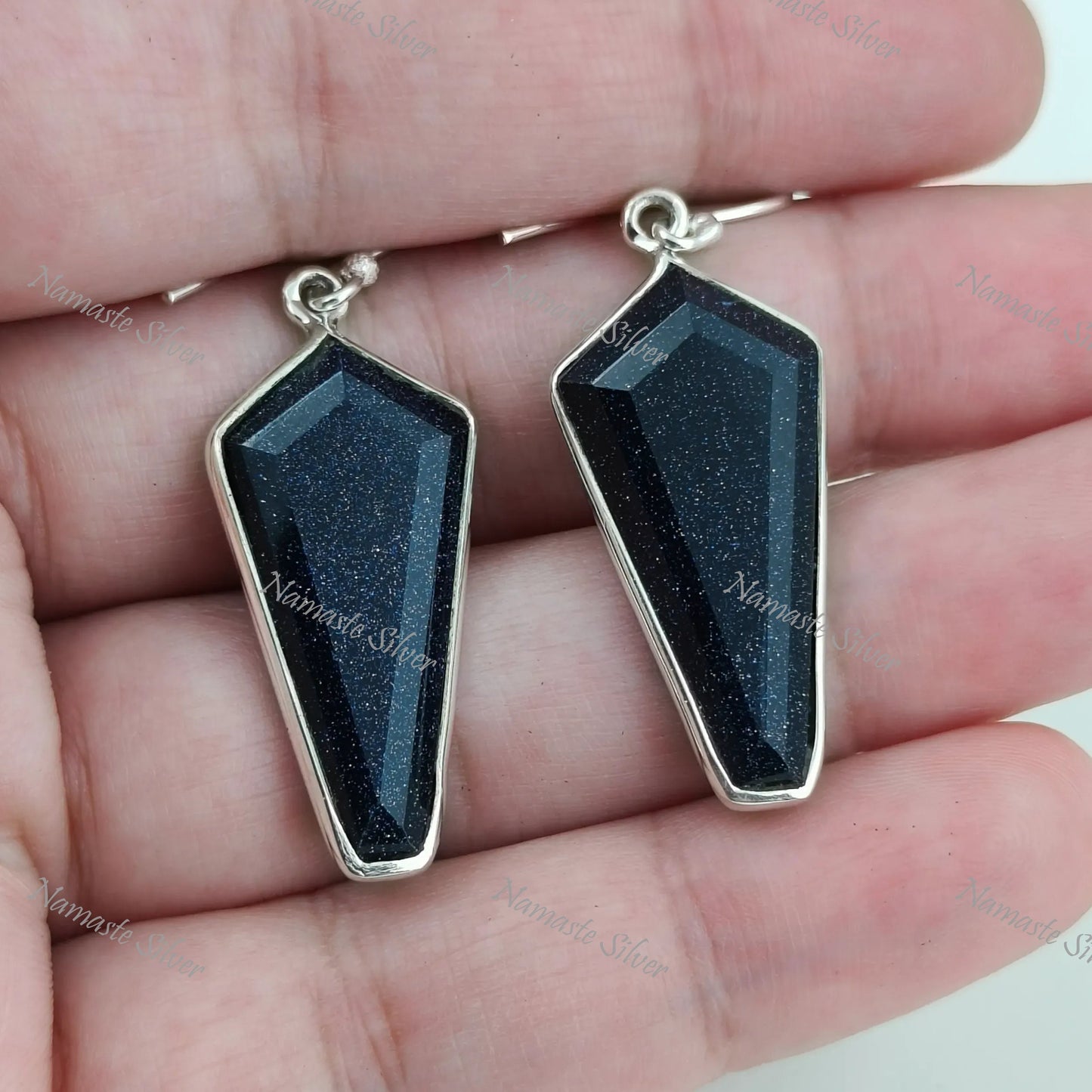 Sun Stone Earrings, 925 Sterling Silver Dangle Drop Earrings, Natural Blue Sun Stone Kite Shape Handmade Boho Jewelry, Unique Gift For Her