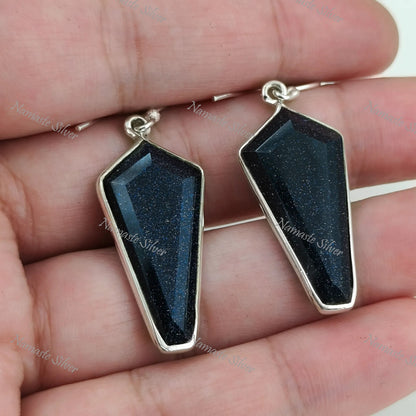 Sun Stone Earrings, 925 Sterling Silver Dangle Drop Earrings, Natural Blue Sun Stone Kite Shape Handmade Boho Jewelry, Unique Gift For Her