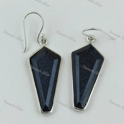 Sun Stone Earrings, 925 Sterling Silver Dangle Drop Earrings, Natural Blue Sun Stone Kite Shape Handmade Boho Jewelry, Unique Gift For Her