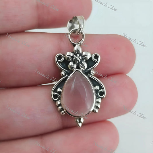 Rose Quartz Pendant, 925 Sterling Silver Handmade Locket, Natural Rose Quartz Pear Shape Gemstone Jewelry, January Birthstone, Gift For Her