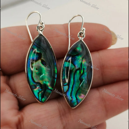 Abalone Shell Earrings, Sterling Silver Dangle Earrings, Natural Abalone Shell Doublet Marquise Handmade Jewelry, Blue Paua Shell Earrings