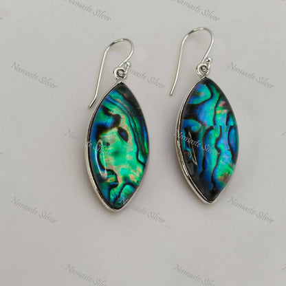 Abalone Shell Earrings, Sterling Silver Dangle Earrings, Natural Abalone Shell Doublet Marquise Handmade Jewelry, Blue Paua Shell Earrings