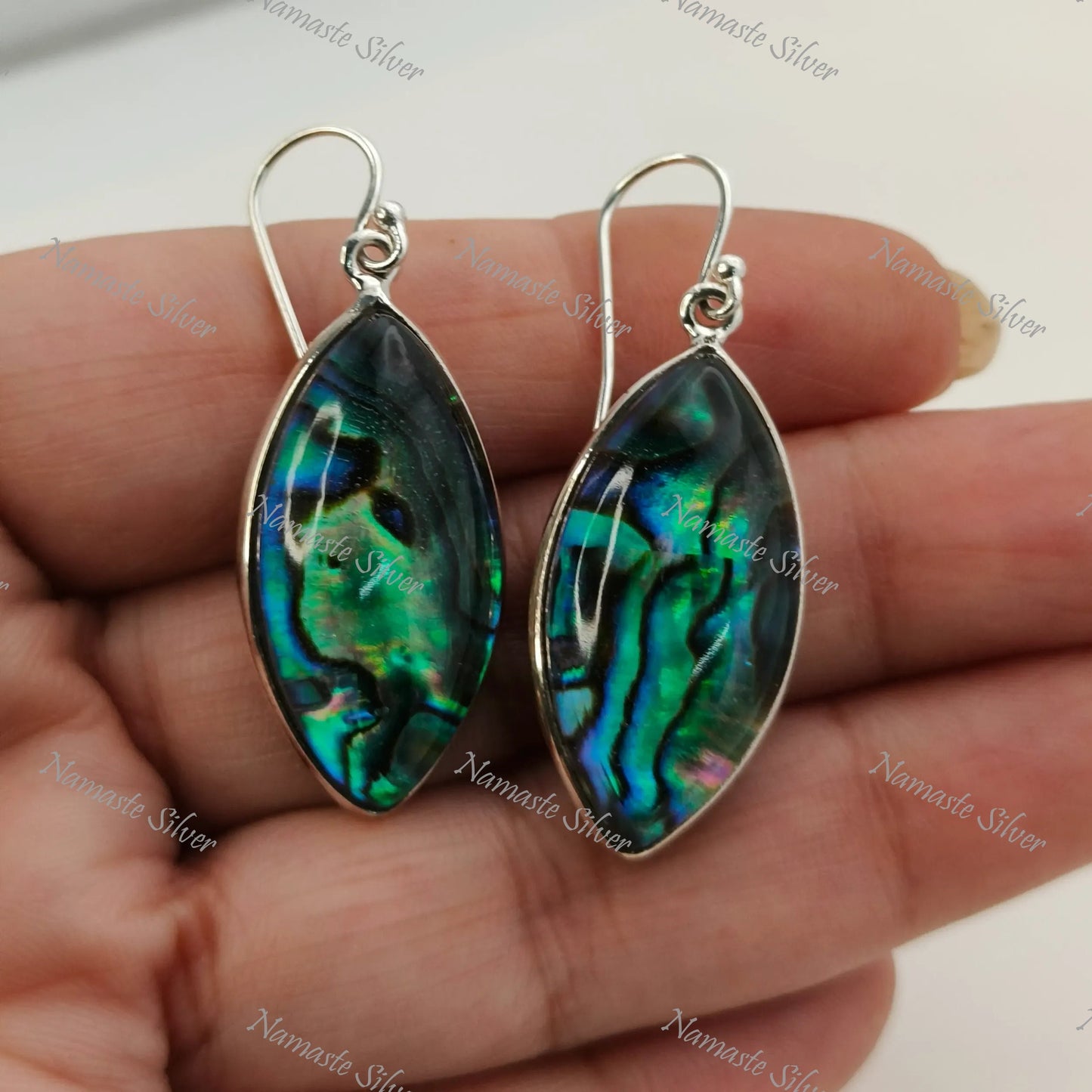 Abalone Shell Earrings, Sterling Silver Dangle Earrings, Natural Abalone Shell Doublet Marquise Handmade Jewelry, Blue Paua Shell Earrings