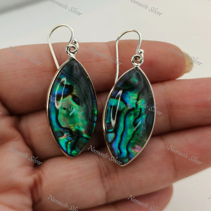 Abalone Shell Earrings, Sterling Silver Dangle Earrings, Natural Abalone Shell Doublet Marquise Handmade Jewelry, Blue Paua Shell Earrings
