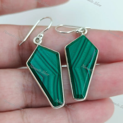 Malachite Earrings, Sterling Silver Dangle Drop Earrings, Natural Green Malachite Kite Shape Gemstone Jewelry, Unique Gift for Her Birthday
