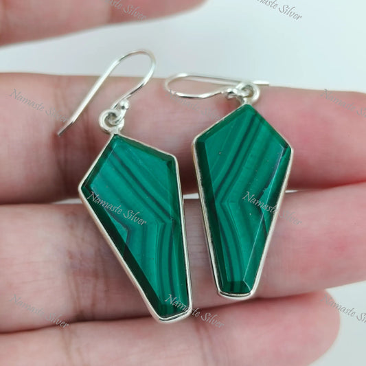 Malachite Earrings, Sterling Silver Dangle Drop Earrings, Natural Green Malachite Kite Shape Gemstone Jewelry, Unique Gift for Her Birthday