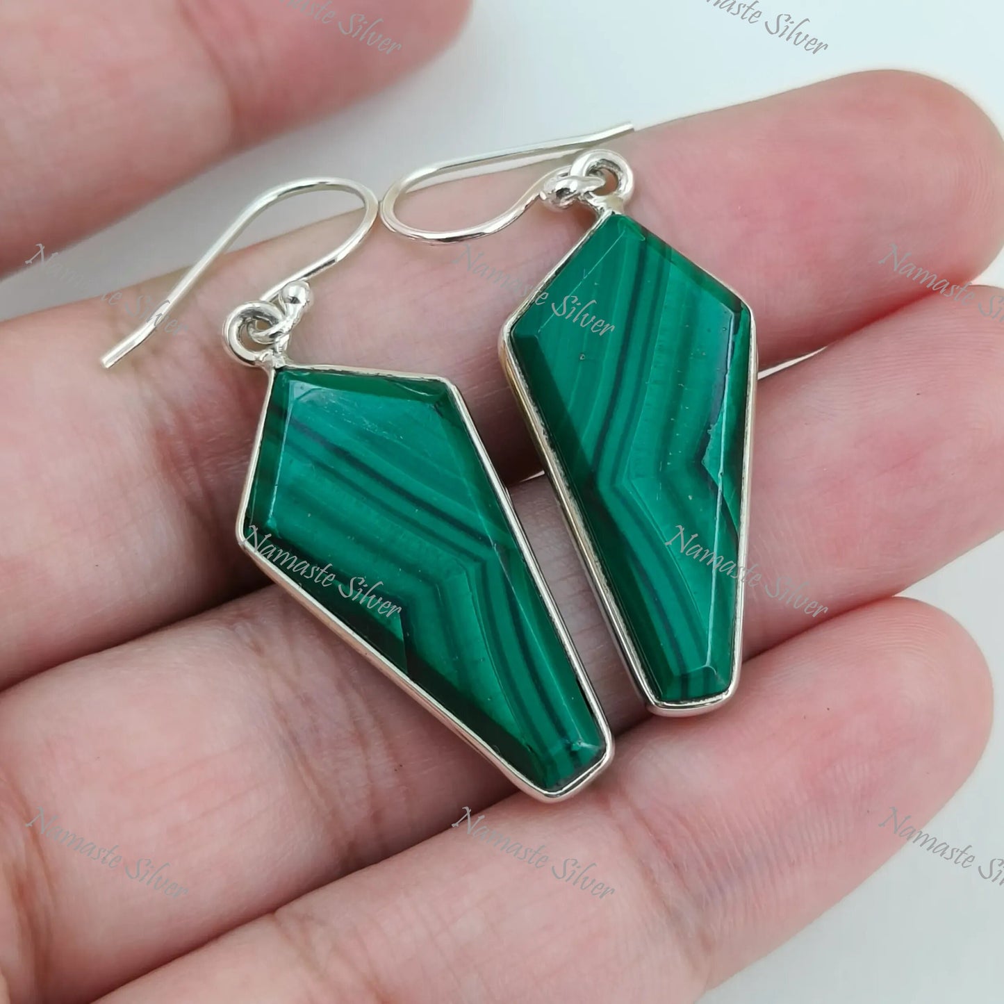 Malachite Earrings, Sterling Silver Dangle Drop Earrings, Natural Green Malachite Kite Shape Gemstone Jewelry, Unique Gift for Her Birthday