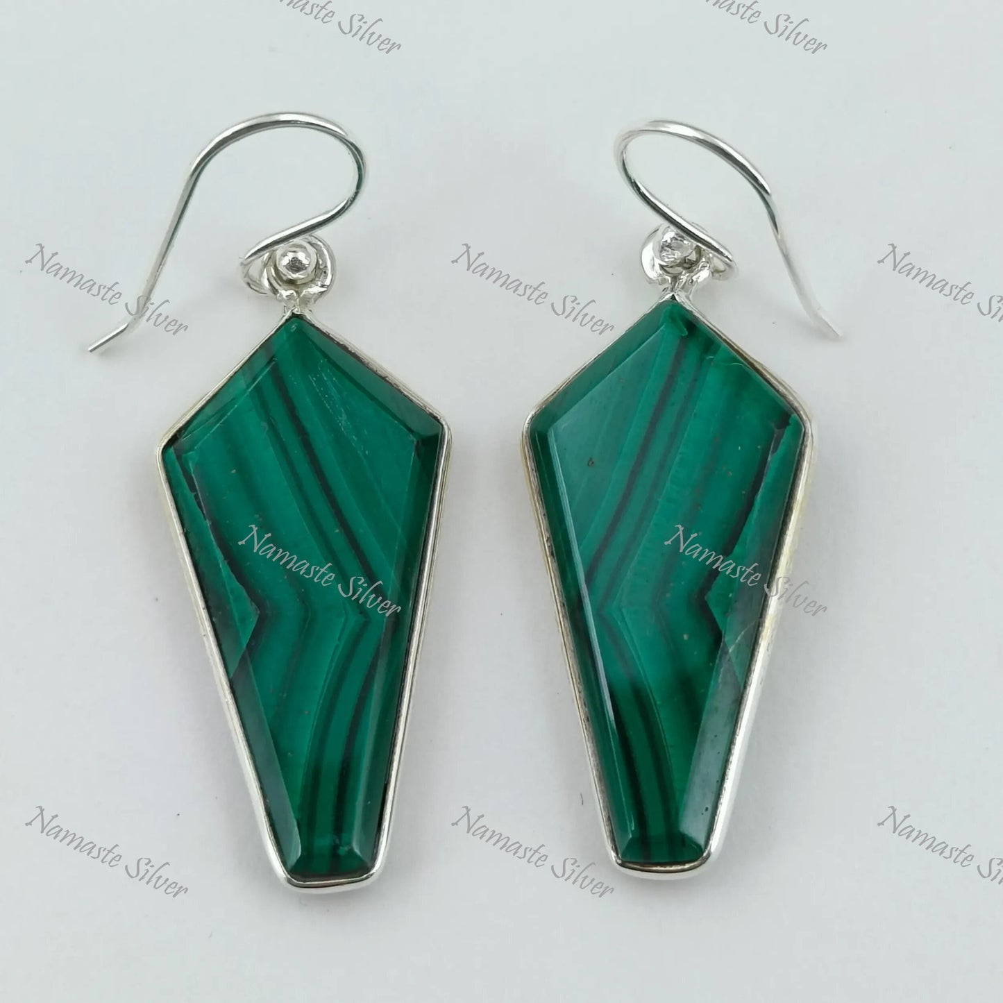 Malachite Earrings, Sterling Silver Dangle Drop Earrings, Natural Green Malachite Kite Shape Gemstone Jewelry, Unique Gift for Her Birthday