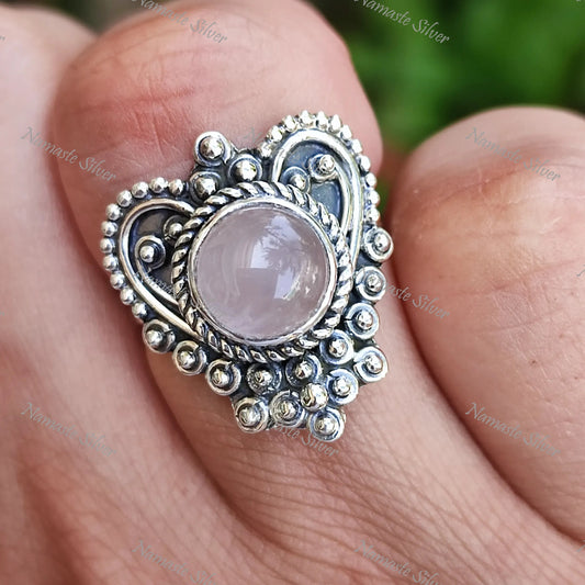 Rose Quartz Ring, 925 Sterling Silver Statement Promise Heart Ring, Natural Pink Gemstone Round Jewelry, January Birthstone, Gift for her