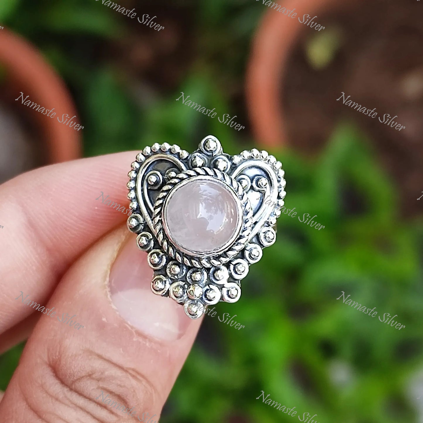 Rose Quartz Ring, 925 Sterling Silver Statement Promise Heart Ring, Natural Pink Gemstone Round Jewelry, January Birthstone, Gift for her