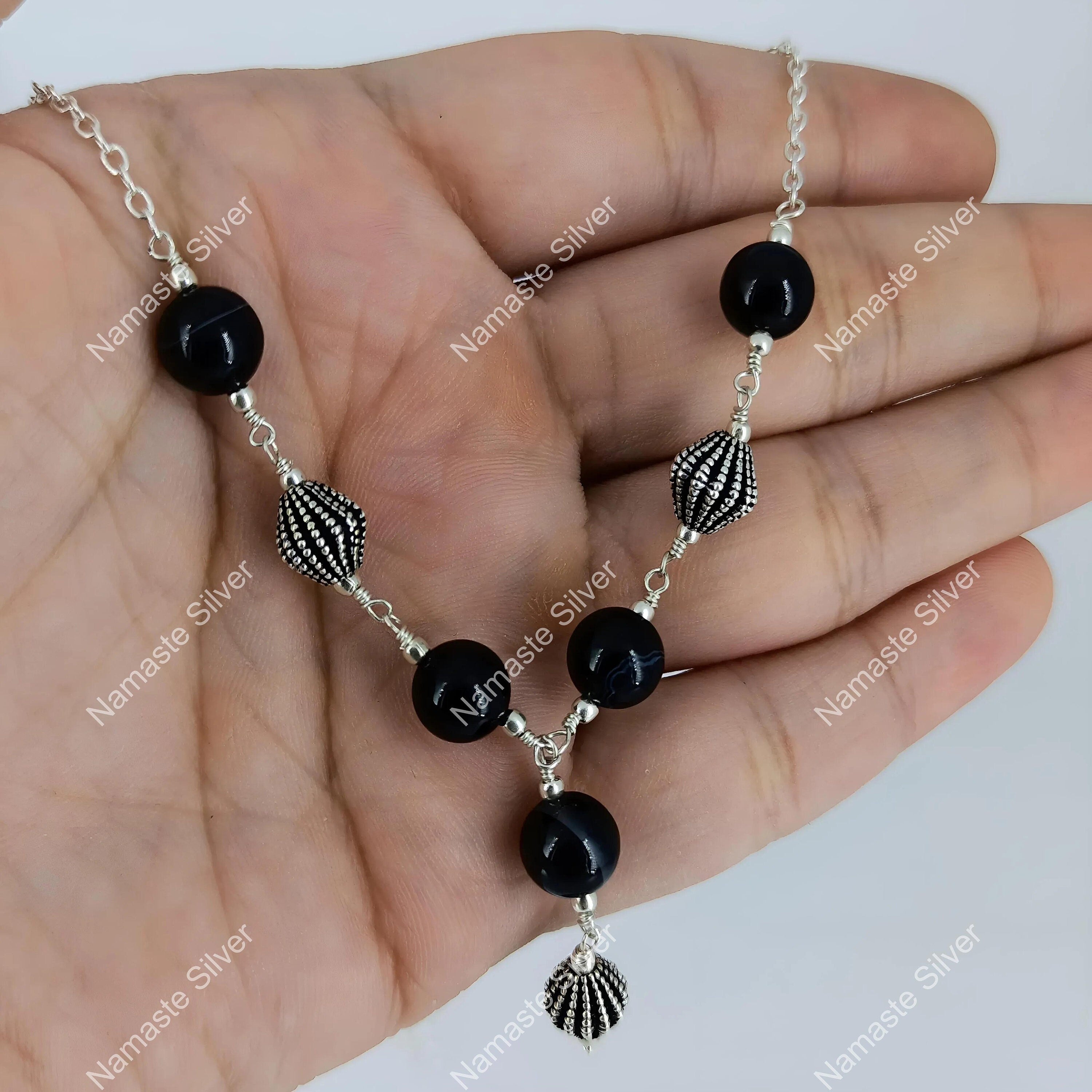 Black Onyx Necklace, 925 Sterling Silver Jewelry, Natural Black Onyx Gemstone Beads Handmade Boho Y Necklace, July Birthstone Gift for her