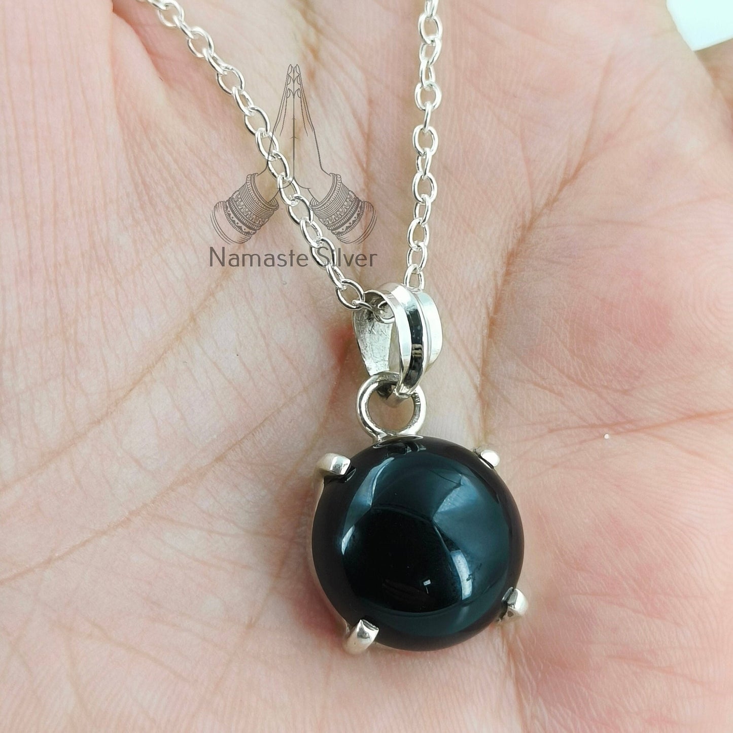Black Onyx Necklace, Handmade 925 Sterling Silver Pendant, Natural Round Black Gemstone Jewelry, July Birthstone, Gift for her Birthday