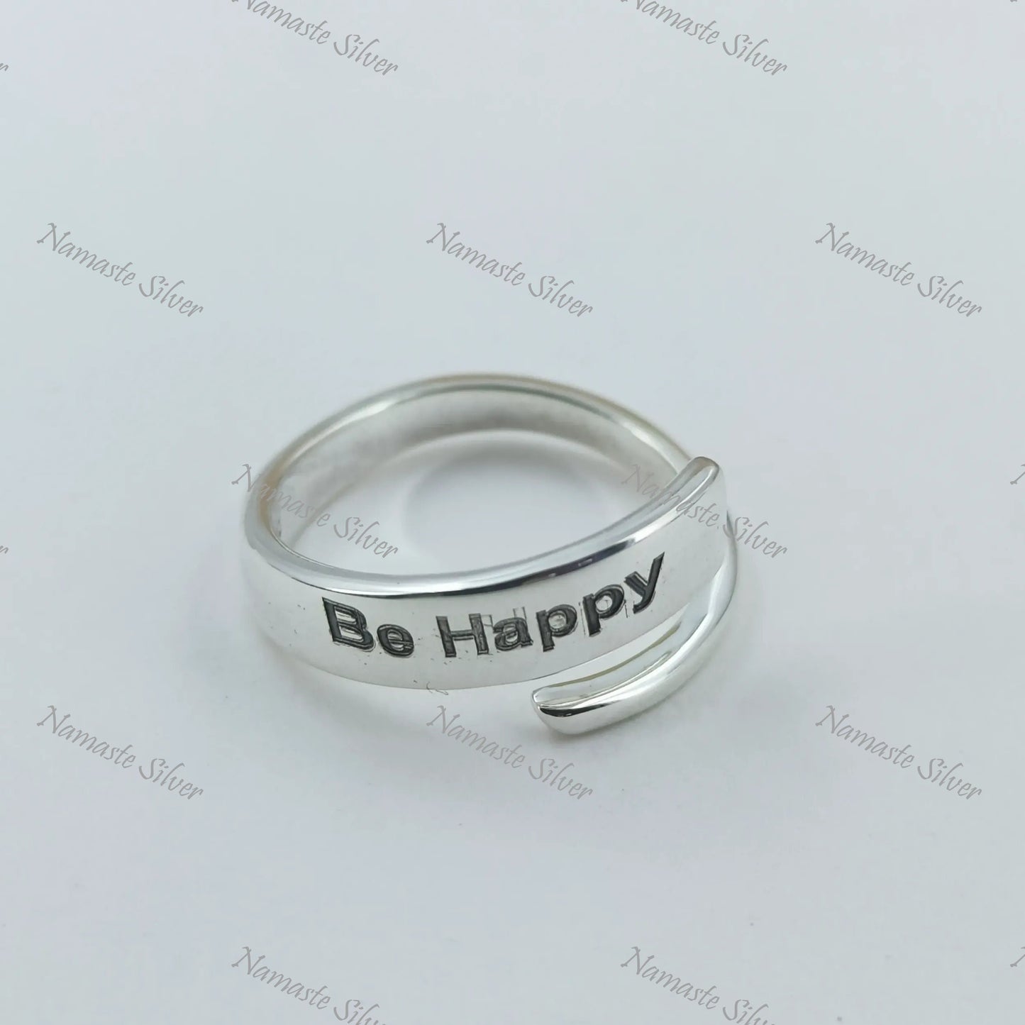 Be Happy Ring, 925 Sterling Silver Adjustable Promise Ring, Inspirational Motivational Quote Handmade Jewelry, Personalized Gift for Him Her