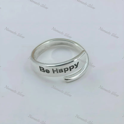 Be Happy Ring, 925 Sterling Silver Adjustable Promise Ring, Inspirational Motivational Quote Handmade Jewelry, Personalized Gift for Him Her