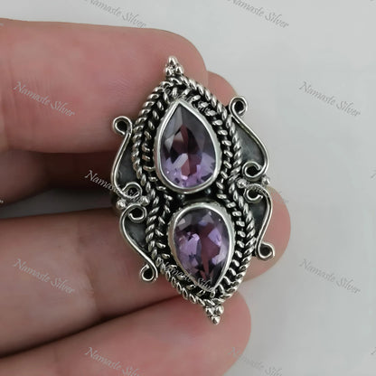 Amethyst Ring, 925 Sterling Silver Promise Ring, Natural Amethyst Pear Shape Gemstone Handmade Jewelry, February Birthstone, Gift For Her