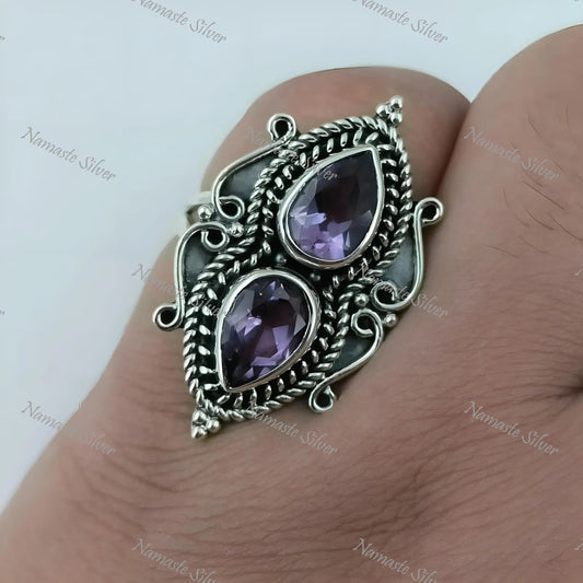 Amethyst Ring, 925 Sterling Silver Promise Ring, Natural Amethyst Pear Shape Gemstone Handmade Jewelry, February Birthstone, Gift For Her