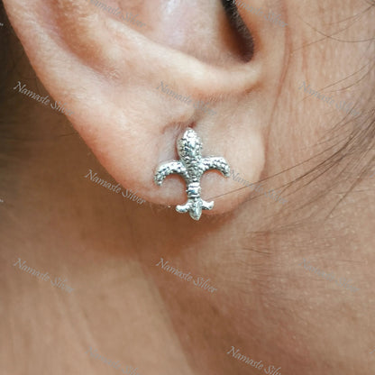 Fleur De Lis Earrings, 925 Sterling Silver Minimalist Studs, Dainty Royal Lily Flower Earrings, Tiny Silver Fleur De Lis Posts, Gift For Her