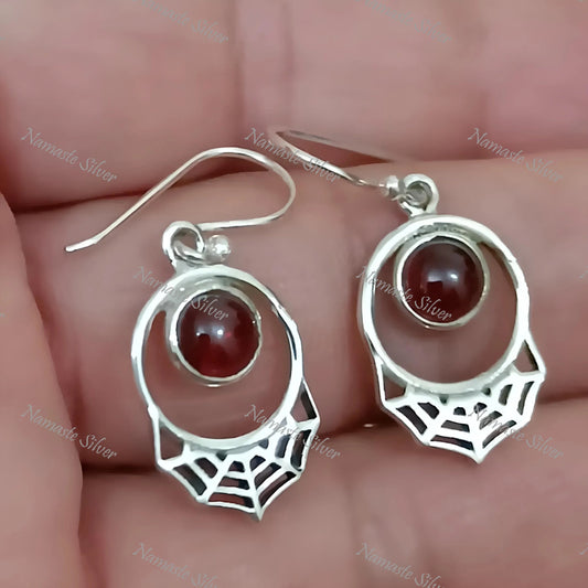 Garnet Earrings, 925 Sterling Silver Dangle Drop Earrings, Natural Garnet Round Gemstone Handmade Jewelry, January Birthstone, Gift for Her