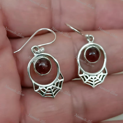 Garnet Earrings, 925 Sterling Silver Dangle Drop Earrings, Natural Garnet Round Gemstone Handmade Jewelry, January Birthstone, Gift for Her