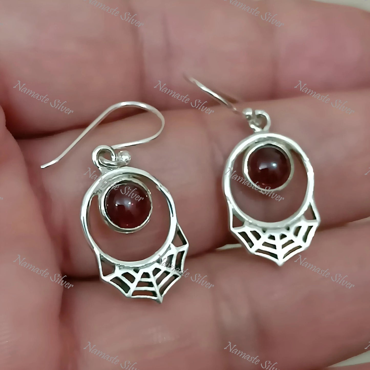 Garnet Earrings, 925 Sterling Silver Dangle Drop Earrings, Natural Garnet Round Gemstone Handmade Jewelry, January Birthstone, Gift for Her