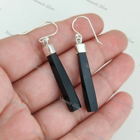 Black Onyx Earrings, 925 Sterling Silver Dangle Drop Earrings, Natural Black Onyx Long Handmade Boho Earrings, July Birthstone, Gift for Her