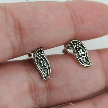 Tiny Floral Paisley Stud Earrings, 925 Sterling Silver Handmade Jewelry, Elegant Paisley Design Stud Posts, Unique Minimalist Gift for Her