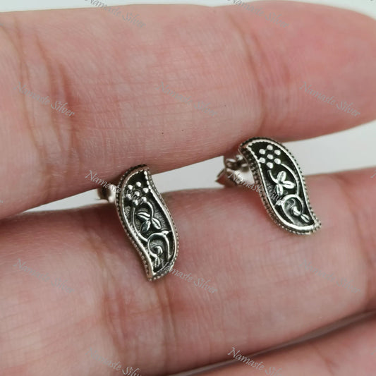 Tiny Floral Paisley Stud Earrings, 925 Sterling Silver Handmade Jewelry, Elegant Paisley Design Stud Posts, Unique Minimalist Gift for Her