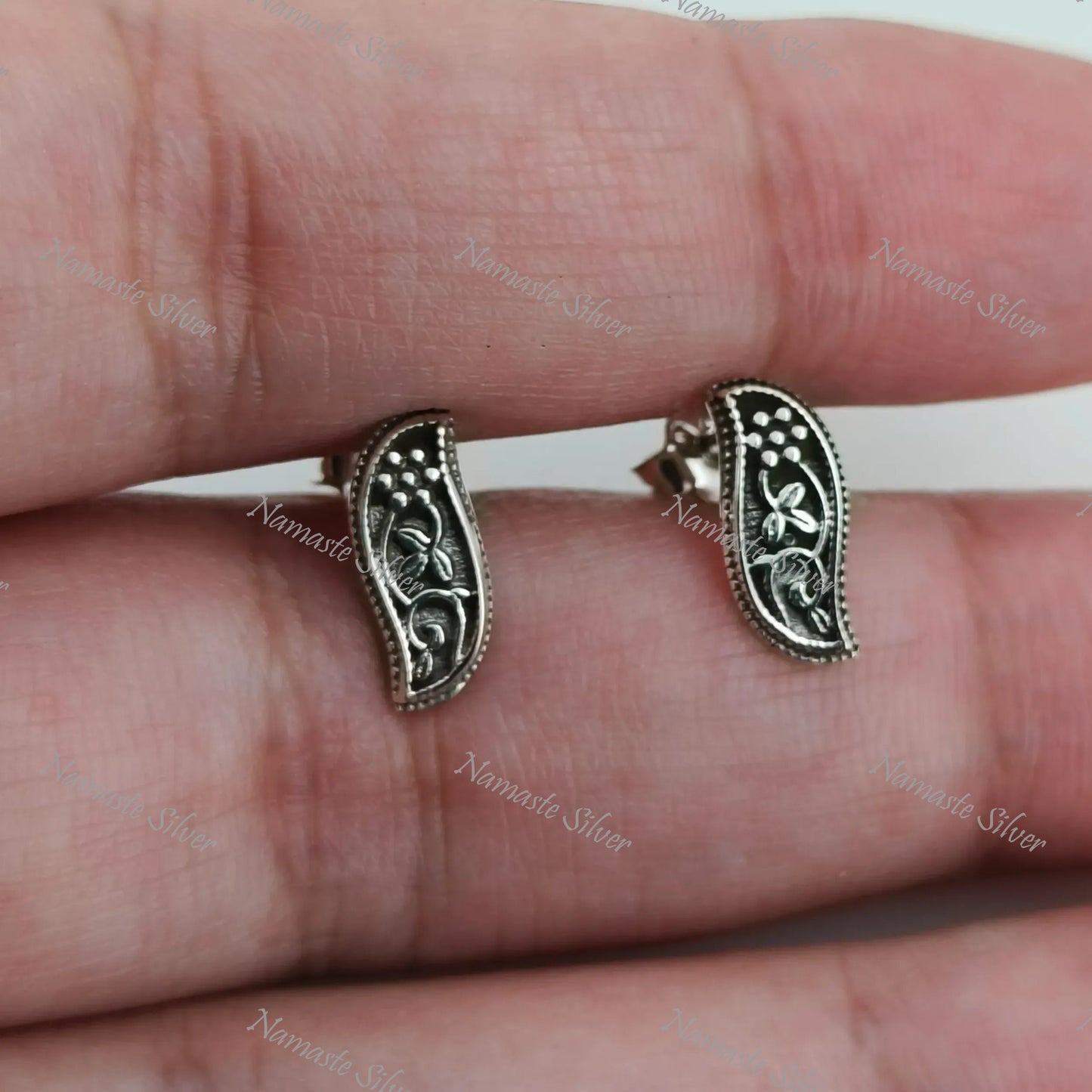 Tiny Floral Paisley Stud Earrings, 925 Sterling Silver Handmade Jewelry, Elegant Paisley Design Stud Posts, Unique Minimalist Gift for Her