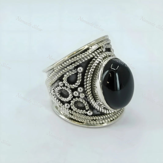 Black Onyx Ring, 925 Sterling Silver Cocktail Chunky Ring, Natural Black Onyx Oval Gemstone Handmade Jewelry, July Birthstone, Gift for Him