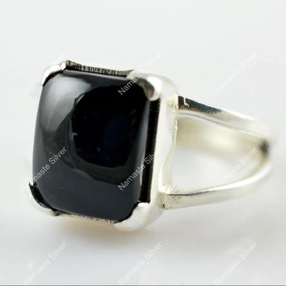 Black Onyx Ring, 925 Sterling Silver Handmade Statement Promise Ring, Natural Black Gemstone Cushion Jewelry, July Birthstone, Gift for Him