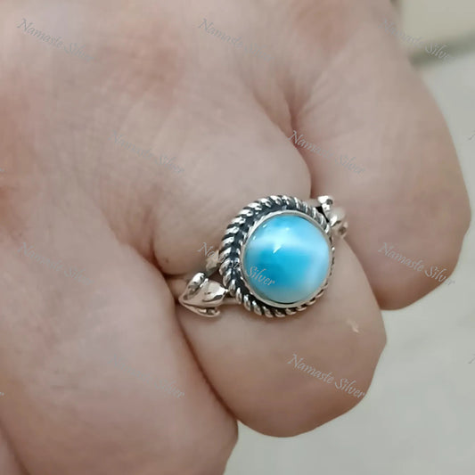Larimar Ring, 925 Sterling Silver Larimar Ring for Women, Natural Larimar Round Ring, Blue Gemstone Handmade Boho Jewelry, Gift for Her