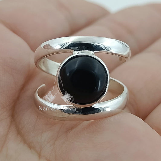 Black Onyx Ring, 925 Sterling Silver Handmade Statement Promise Ring, Natural Black Gemstone Round Jewelry, July Birthstone, Gift for her