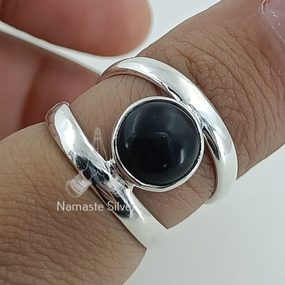 Black Onyx Ring, 925 Sterling Silver Handmade Statement Promise Ring, Natural Black Gemstone Round Jewelry, July Birthstone, Gift for her