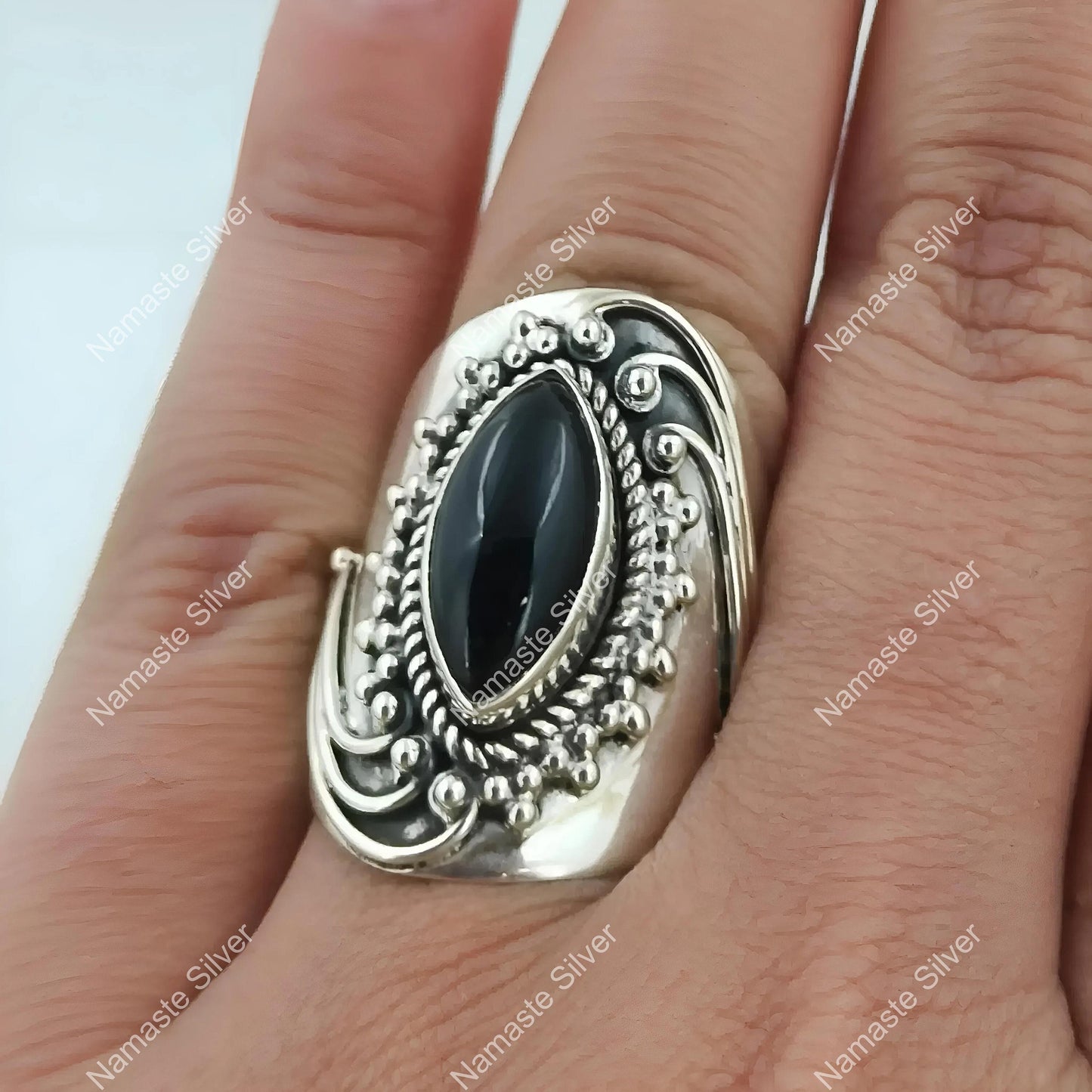 Black Onyx Ring, 925 Sterling Silver Statement Promise Ring, Natural Onyx Marquise Gemstone Handmade Jewelry, July Birthstone, Gift for her