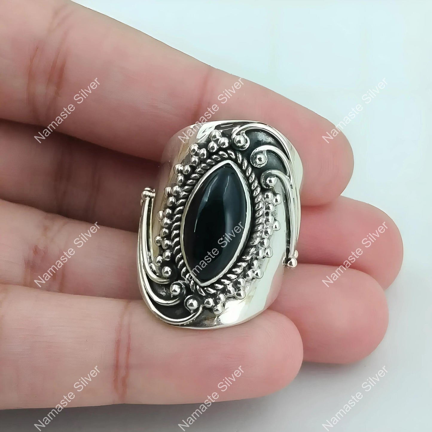 Black Onyx Ring, 925 Sterling Silver Statement Promise Ring, Natural Onyx Marquise Gemstone Handmade Jewelry, July Birthstone, Gift for her