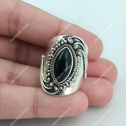 Black Onyx Ring, 925 Sterling Silver Statement Promise Ring, Natural Onyx Marquise Gemstone Handmade Jewelry, July Birthstone, Gift for her