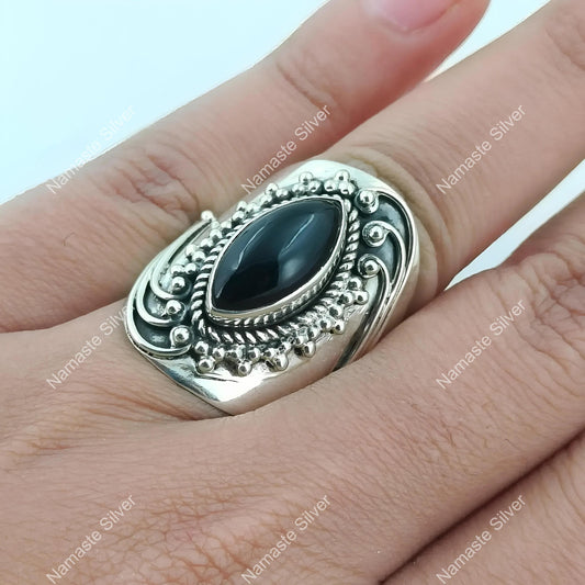Black Onyx Ring, 925 Sterling Silver Statement Promise Ring, Natural Onyx Marquise Gemstone Handmade Jewelry, July Birthstone, Gift for her