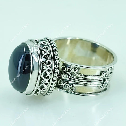 Black Onyx Ring, 925 Sterling Silver Handmade Statement Ring, Natural Black Gemstone Oval Cocktail Jewelry, July Birthstone, Gift for her