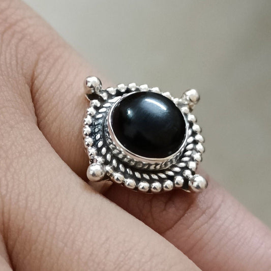 Black Onyx Ring, 925 Sterling Silver Ring for Women, Natural Black Onyx Round Gemstone Handmade Jewelry, July Birthstone, Boho Gift for Her
