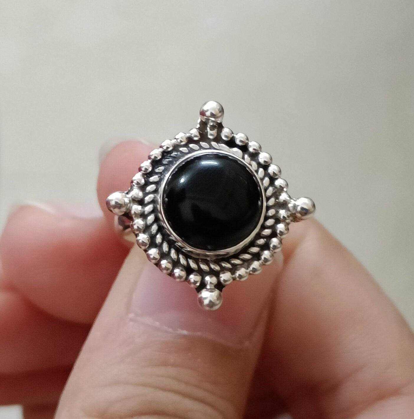 Black Onyx Ring, 925 Sterling Silver Ring for Women, Natural Black Onyx Round Gemstone Handmade Jewelry, July Birthstone, Boho Gift for Her