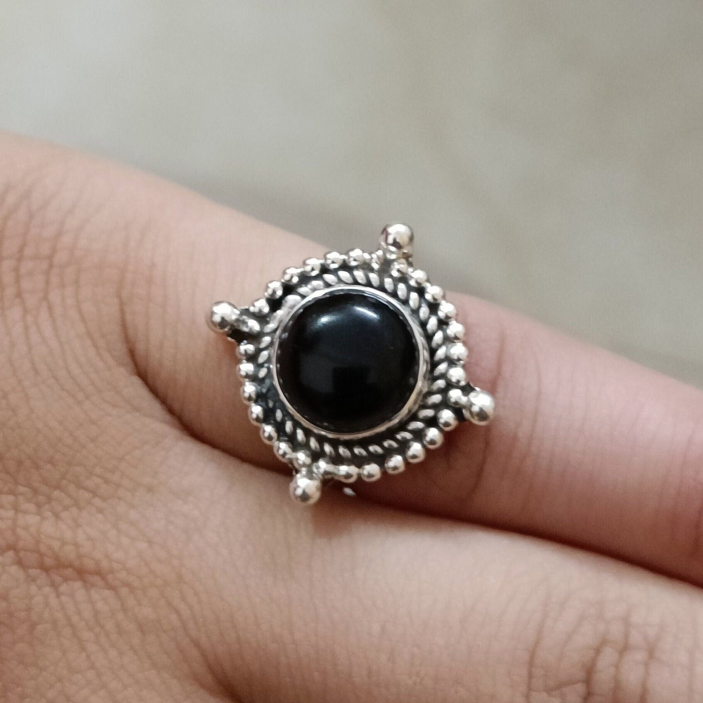 Black Onyx Ring, 925 Sterling Silver Ring for Women, Natural Black Onyx Round Gemstone Handmade Jewelry, July Birthstone, Boho Gift for Her
