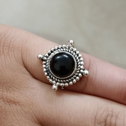 Black Onyx Ring, 925 Sterling Silver Ring for Women, Natural Black Onyx Round Gemstone Handmade Jewelry, July Birthstone, Boho Gift for Her