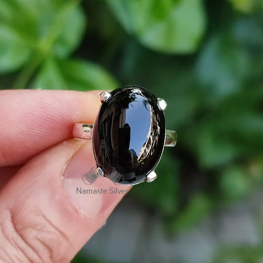 Black Onyx Ring, 925 Sterling Silver Statement Promise Ring, Natural Black Gemstone Oval Handmade Jewelry, July Birthstone, Gift for her