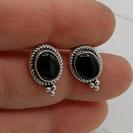Black Onyx Earrings, 925 Sterling Silver Stud Posts, Natural Black Onyx Oval Handmade Gemstone Jewelry, July Birthstone, Unique Gift for Her