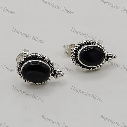 Black Onyx Earrings, 925 Sterling Silver Stud Posts, Natural Black Onyx Oval Handmade Gemstone Jewelry, July Birthstone, Unique Gift for Her