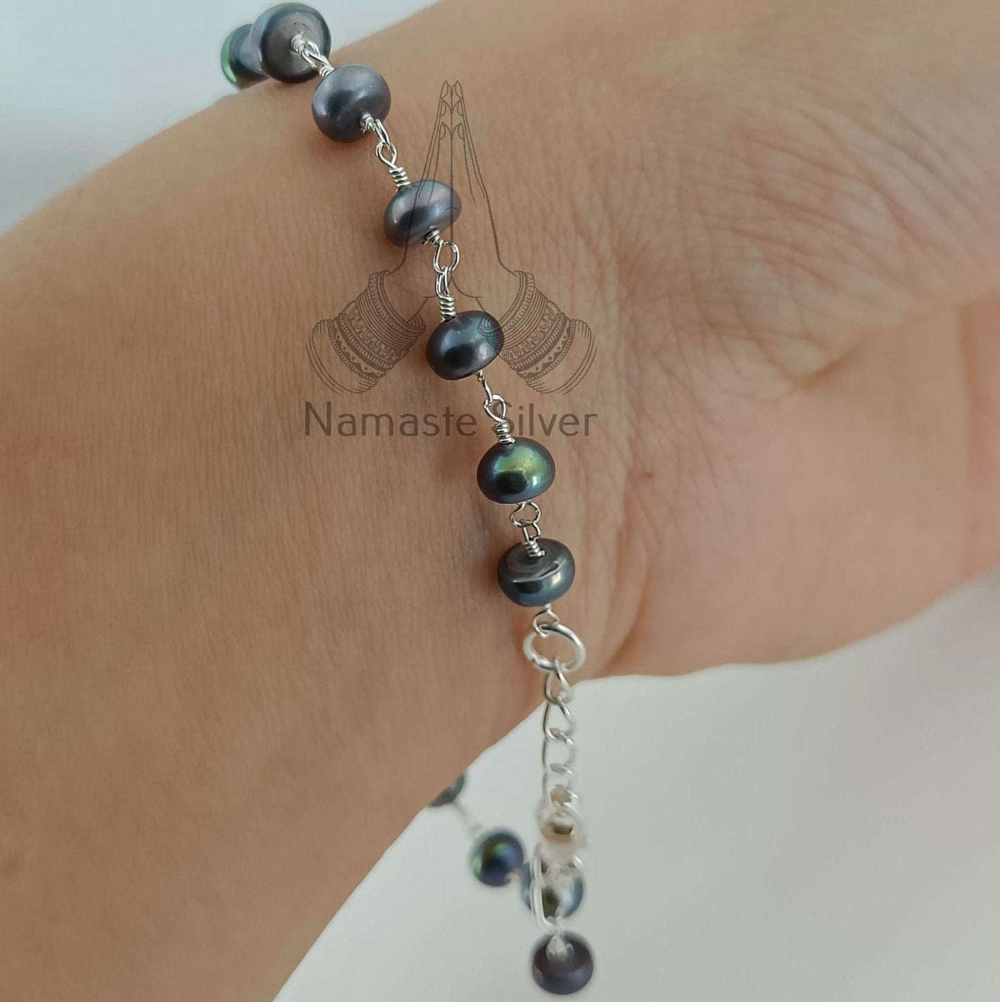 Black Pearl Bracelet, 925 Sterling Silver Beaded Bracelet, Freshwater Black Pearl Handmade Jewelry, Unique Gift for Her, June Birthstone