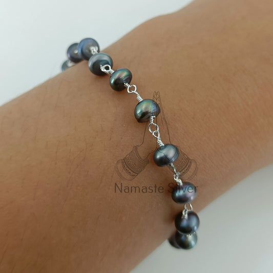 Black Pearl Bracelet, 925 Sterling Silver Beaded Bracelet, Freshwater Black Pearl Handmade Jewelry, Unique Gift for Her, June Birthstone