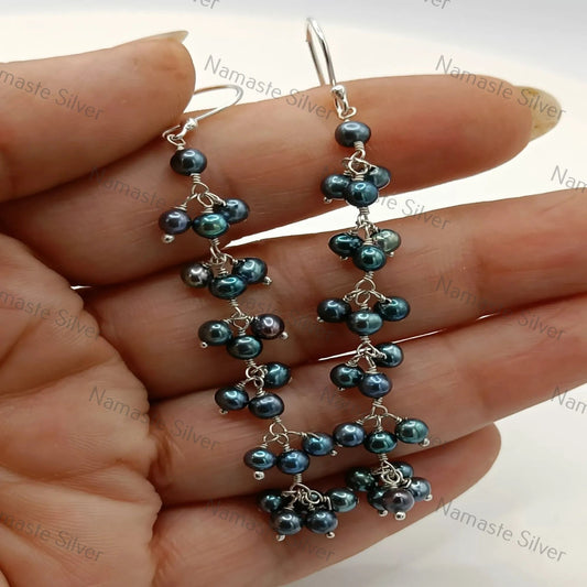 Black Pearl Dangle Earrings, 925 Sterling Silver Handmade Earrings, Freshwater Peacock Pearl Beads Jewelry, June Birthstone, Gift for Her