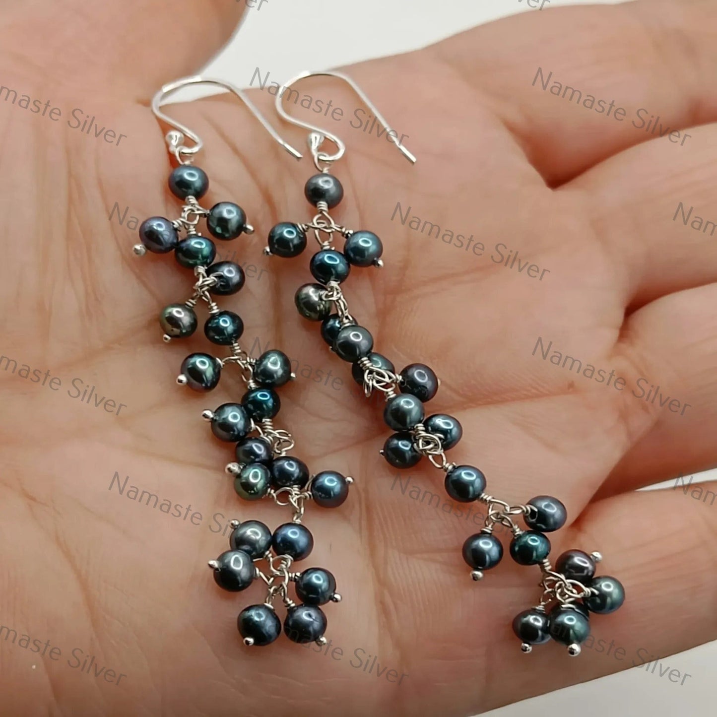 Black Pearl Dangle Earrings, 925 Sterling Silver Handmade Earrings, Freshwater Peacock Pearl Beads Jewelry, June Birthstone, Gift for Her