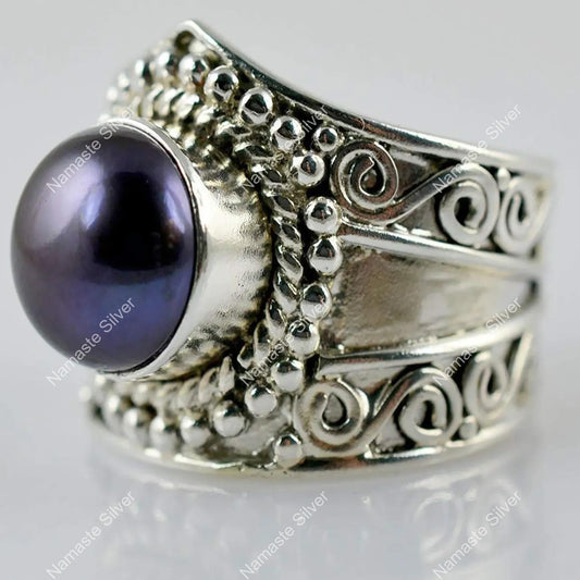 Pearl Ring, 925 Sterling Silver Statement Promise Ring, Freshwater Black Pearl Handmade Boho Jewelry, June Birthstone, Unique Gift For Her